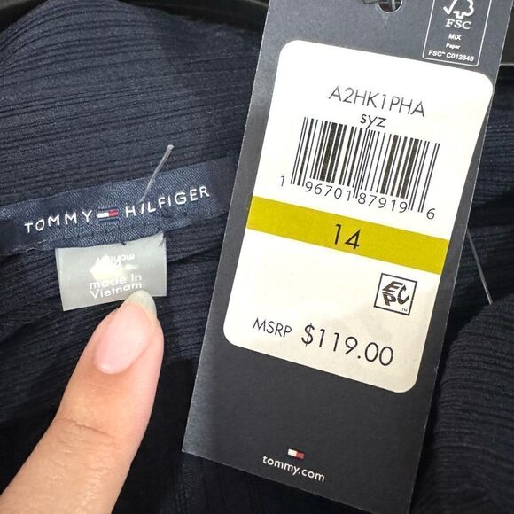 New Tommy Hilfigure Long Sleeve Twist Front Silky Rib Knit Dark Blue Dress Sz 14 - Picture 11 of 12